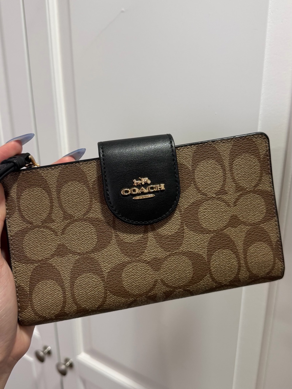 Coach Brown Signature Canvas Card Holder with Black Leather Trim